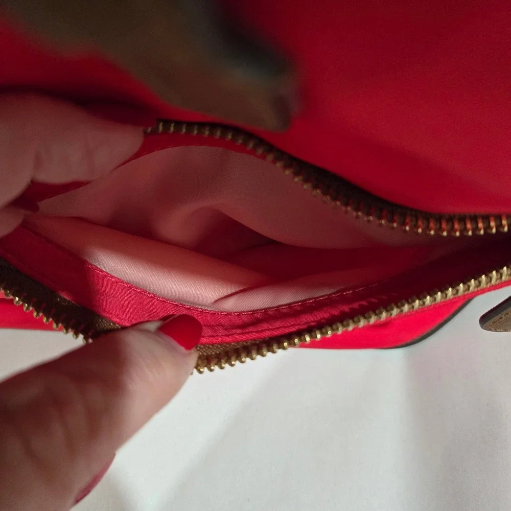 Michael Kors Polly Tote Bag Watermelon Coral Red Nylon Tan Leather Trim
